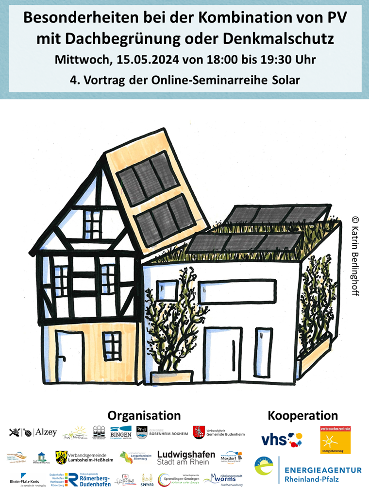 Plakat PV und Dachbegrünung oder Denkmalschutz