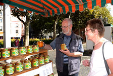 Bildergalerie Wochenmarkt Honigstand Eine Marktbesucherin lässt sich am Honigstand beraten