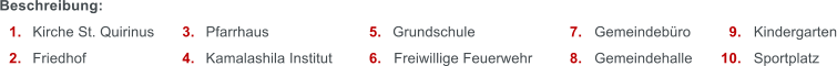 Beschreibung: 	1.	Kirche St. Quirinus 	2.	Friedhof   	7.	Gemeindebro 	8.	Gemeindehalle  	3.	Pfarrhaus 	4.	Kamalashila Institut  	5.	Grundschule 	6.	Freiwillige Feuerwehr   	9.	Kindergarten 	10.	Sportplatz