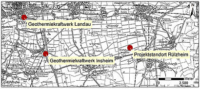 bersichtskarte der am weitesten fortgeschrittenen Projekte der Tiefengeothermie in Rheinland-Pfalz