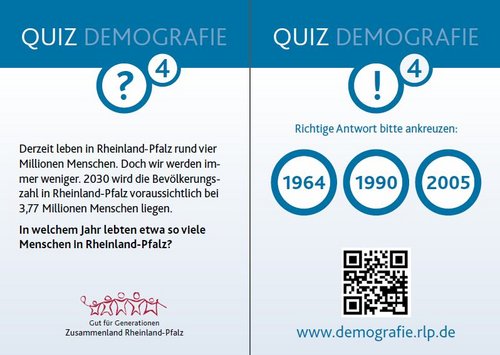 Vierte Frage: In welchem Jahr lebten etwa so viele menschen in Rheinland-Pfalz wie voraussichtlich 2030, nä,lich 3,77 Millionen? Im Jahr 1964, 1990 oder 2005