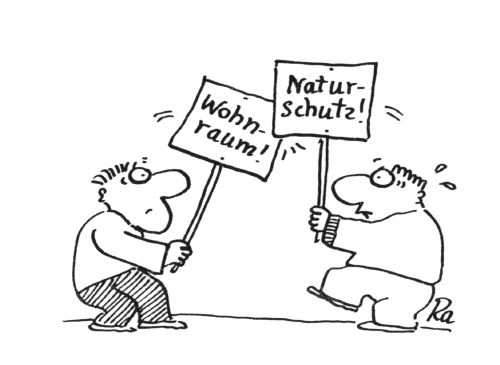 Cartoon Zielkonflikt Wohnraum vs. Naturschutz, © LZU Agenda-Bausteine